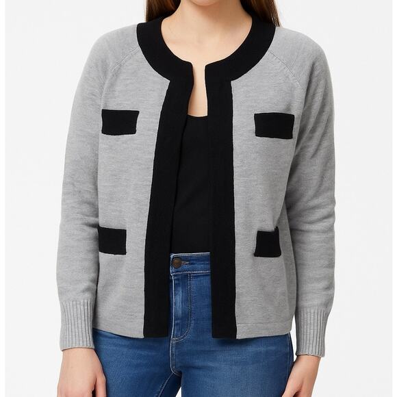J Crew 100% Merino Wool Knit Sweater Cardigan Grey Black Pockets SMALL - Picture 1 of 12